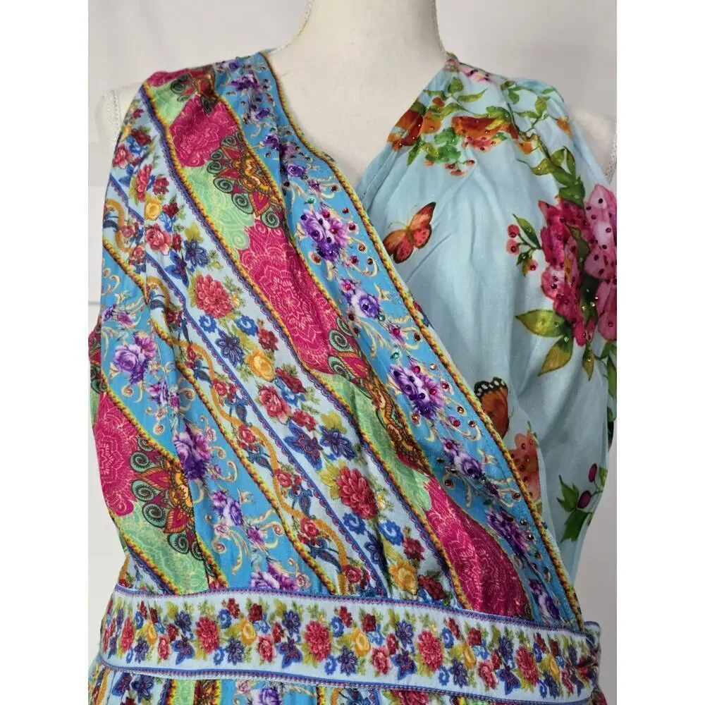 Ruby YaYa Womens Modal Boho Midi Wrap Dress Floral Beaded V-Neck Sleeveless S - Picture 4 of 8
